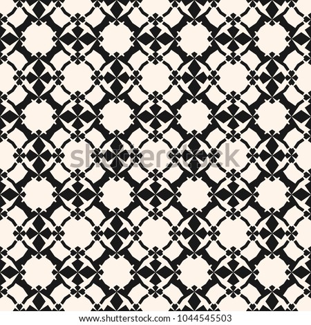 Vector monochrome ornamental pattern. Abstract geometric seamless texture with floral shapes, mesh, grid, lattice, lace. Black and white background. Elegant repeat design for decor, carpet, fabric Royalty-Free Stock Photo #1044545503
