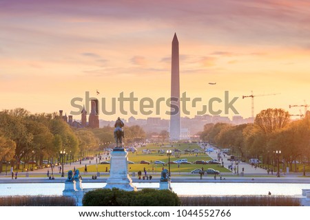 Washington DC city view at a orange sunset, including Washington Monument from Capitol building Royalty-Free Stock Photo #1044552766