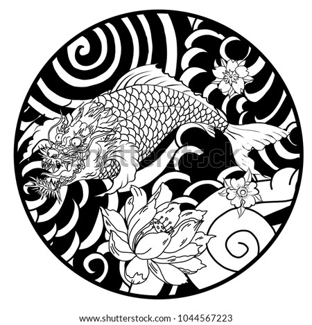 Silhouette and doodle art koi dragon fish with cherry blossom on water wave and cloud background.Dragon head and koi carp fish in circle design for tattoo