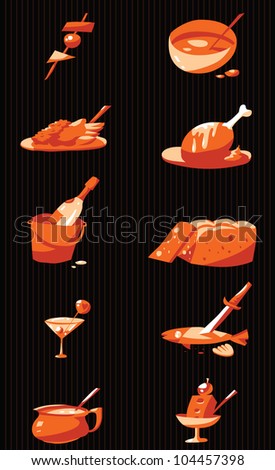 Set of stylized food icons,  live drawn shapes, four colors