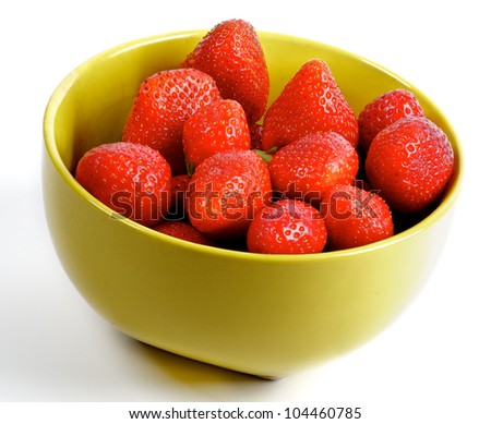 Fresh Ripe Perfect Strawberry in yellow bowl isolated on white background