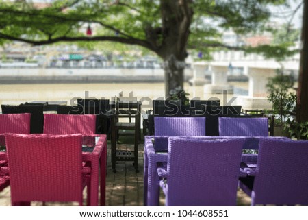 Colorful set of furniture in outdoor garden, stock photo