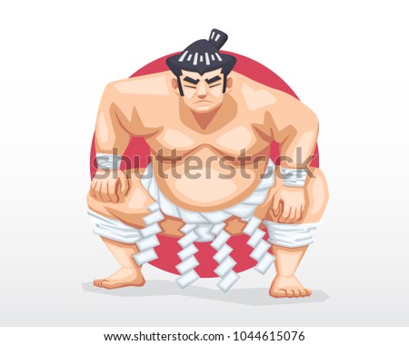 Serious face Sumo standing in crouch stance with red circle as background illustration  Royalty-Free Stock Photo #1044615076