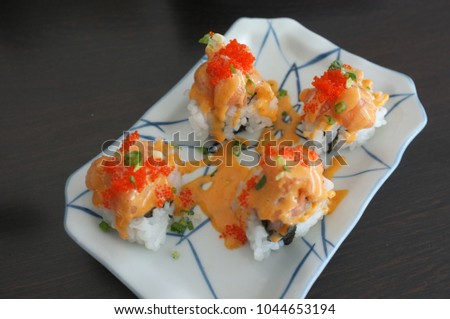 Picture for  Japanese food catalogs menu , Sushi Set gunkan, nigiri and rolls  in package