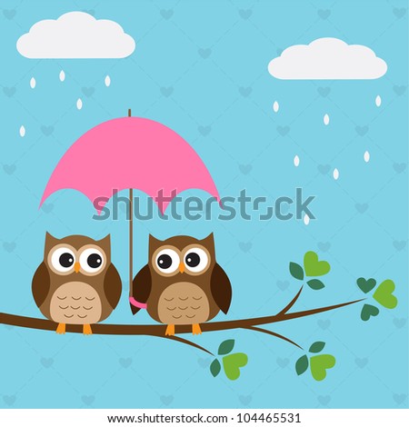 Owls couple under umbrella.Vector illustration