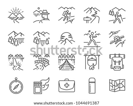 Trekking line icon set. Included the icons as view, nature, camping, mountain, forest, backpacking, travel, sunset and more. Royalty-Free Stock Photo #1044691387