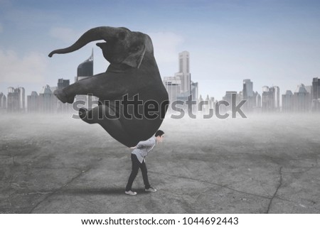 Picture of young businessman wearing casual clothes while carrying an elephant with modern city background