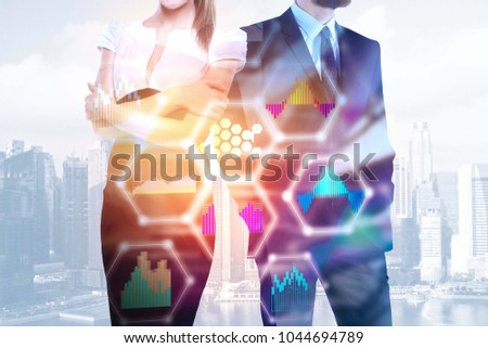 Businessman and woman standing on abstract city background with blurry digital business interface and sunlight. Teamwork and analysis concept. Double exposure 