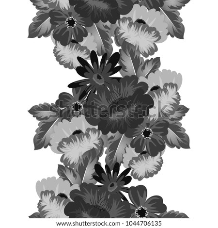 Abstract monochrome seamless pattern of flowers. For design greeting cards, postcards, birthday invitations, wedding, party. Vector illustration.