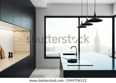 Concrete kitchen studio interior with panoramic New York city view and daylight. 3D Rendering 