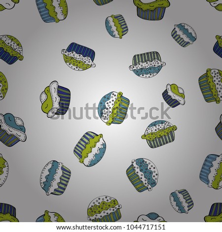 Seamless pattern with sweet desserts. Cream. Endless pattern, white, blue and yellow background. White, blue and yellow color. Wrapping paper. Vector illustration.