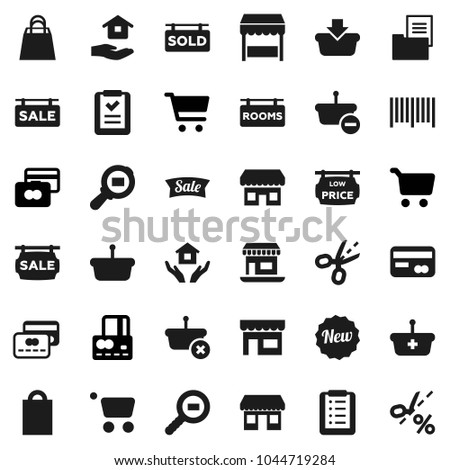 Flat vector icon set - house hold vector, cart, credit card, office, cargo search, estate document, sale signboard, rooms, sold, low price, new, shopping bag, market, store, barcode, basket, list