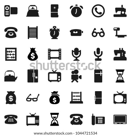 Flat vector icon set - washboard vector, kettle, glasses, alarm clock, abacus, money bag, sand, phone, big scales, film frame, tv, video camera, microphone, classic, fridge, sewing machine