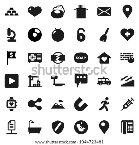 Flat vector icon set - soap vector, broom, pasta, magnet, pie graph, dollar flag, gold ingot, fitball, heart monitor, stairways run, cross, map pin, big scales, mail, play button, pregnancy, syringe
