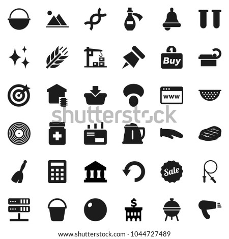 Flat vector icon set - broom vector, bucket, shining, camping cauldron, kettle, colander, cook glove, bbq, mushroom, steak, bell, paper pin, bank, building, jump rope, fitball, cereals, disk, vial