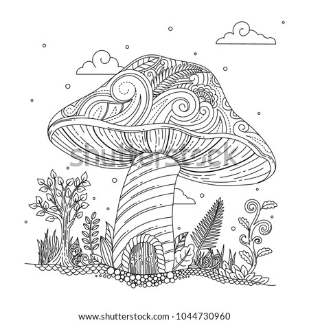 Included in this pack is illustration of magical vantasy village with mushroom house in adult coloring book style.