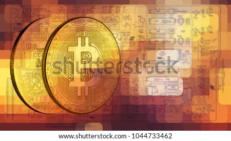 Golden Btcoin coin front and back side stacking on modern patern background with blurred circuit board in concept of Bitcoin mining