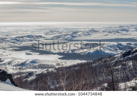 Mountains and winter landscape of the Southern Urals and Bashkiria Lake Yakty-Kul