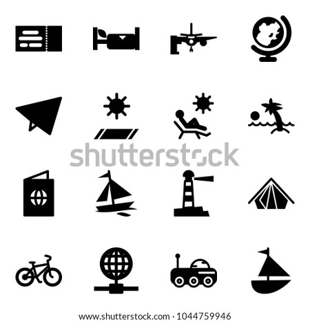Solid vector icon set - ticket vector, hotel, boarding passengers, globe, paper fly, mat, beach, palm, passport, sail boat, lighthouse, tent, bike, moon rover, sailboat toy