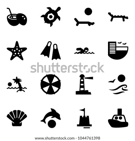Solid vector icon set - coconut cocktail vector, sea turtle, lounger, starfish, flippers, swimming, hotel, palm, parasol, lighthouse, waves, shell, dolphin, sand castle, toy boat