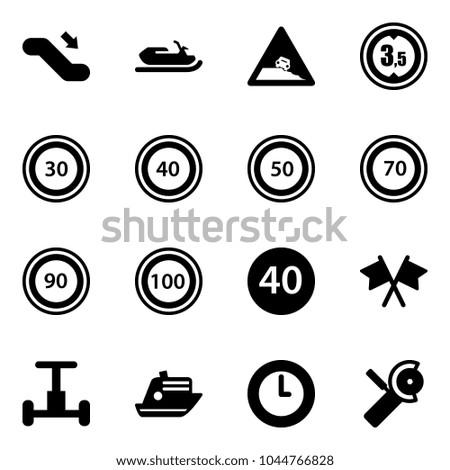 Solid vector icon set - escalator down vector, snowmobile, steep roadside road sign, limited height, speed limit 30, 40, 50, 70, 90, 100, minimal, flags cross, gyroscope, cruiser, clock