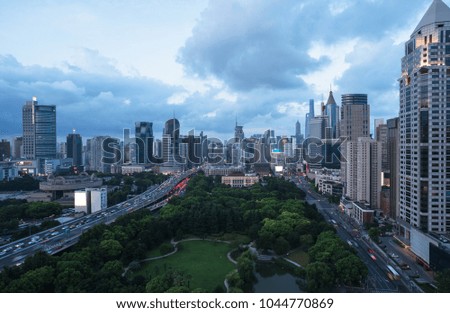 elevated view of shanghai downtown cityscape at dusk,china.