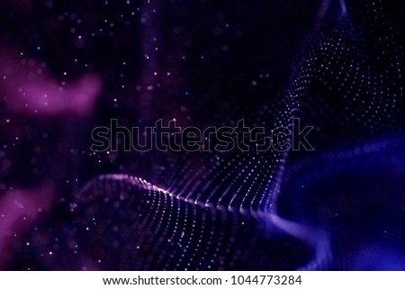 abstract blue and violet geometrical plexus flowing particles movement on black background with lines and dots Royalty-Free Stock Photo #1044773284