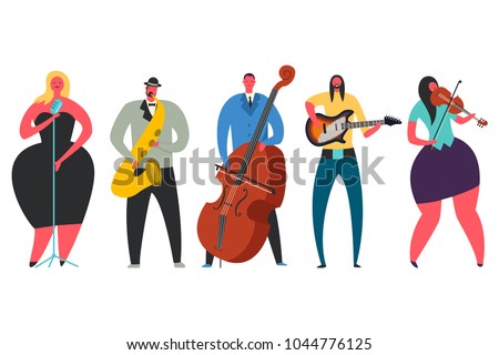 Singer, guitarist, saxophonist, double bass player, violinist character collection. Jazz, pop, rock and classical music performers. Vector flat set of man and woman with musical instruments isolated.