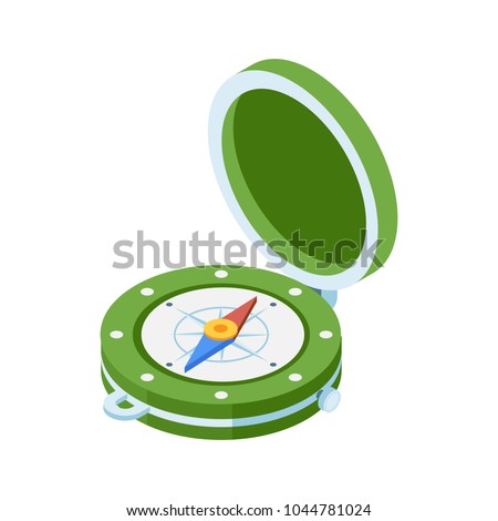 Green compass isometric icon. Navigation equipment with wind rose. Old vintage compass vector illustration in isometry style.