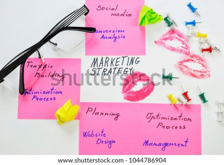 Concept marketing strategy  with lipstick mark, glasses and stationery. Work table