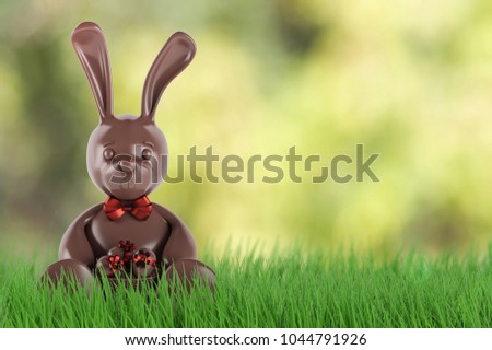 Chocolate easter bunny with eggs and red bow-knot. 3d rendering
