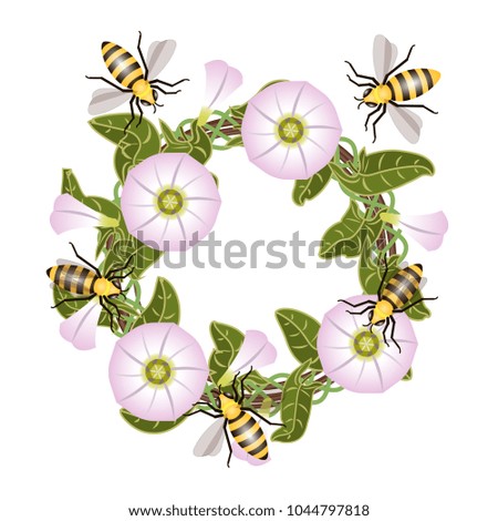 Bins and bees. The stylized wreath of flowers. Elements for greeting card design.