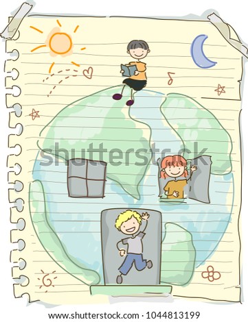 Illustration of Stickman Kids on Paper with Earth House Doodle