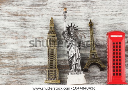 Travel and tourism background with souvenirs from around the world. View from above
