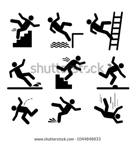 Set of caution symbols with stick figure man falling. Falling down the stairs and over the edge. Wet floor, tripping on stairs. Workplace safety. Vector illustration. Isolated on white background Royalty-Free Stock Photo #1044848833