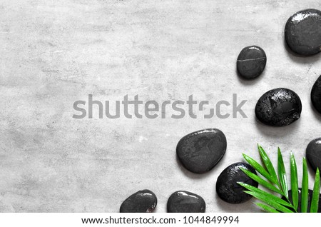 Grey spa background, palm leaves and black wet stones, top view