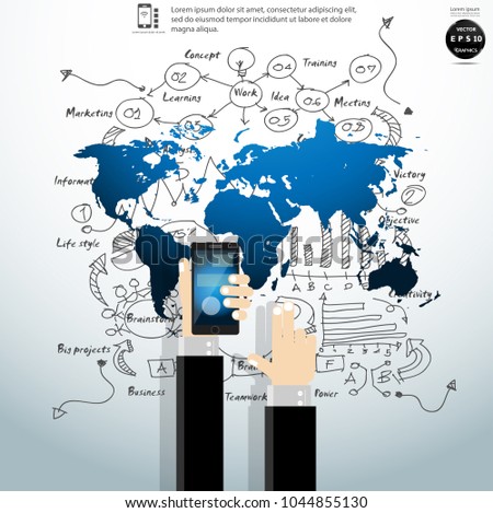  Businessman Hand and Technology  Cellphone - World map blue - Background Plan Business - modern Idea and Concept Vector illustration Business.