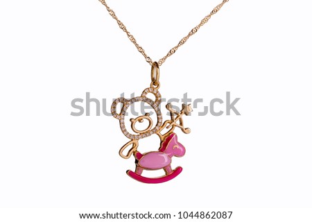Beautiful Cute Baby & Kids Necklace Jewelry with the teddy bear pendant in yellow gold and diamond and pink, ideal birthday baby gift isolated on white background 