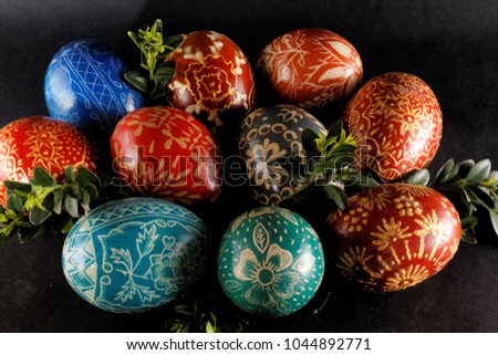 Easter decoration. Hand painted eggs.
