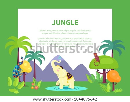 Indian jungle banner with place for text and leafy trees, tall palms, white elephant, bright peacock, funny monkey vector illustration.