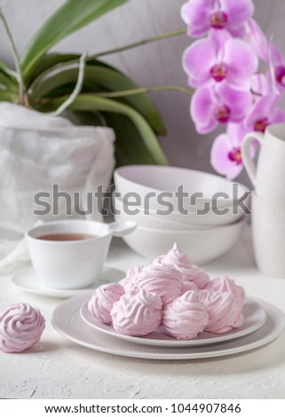 Homemade sweet berries fresh zephyr, marshmallow on plate with cup of herbal tea on light rustic wooden table background. Candy cakes concept. Wedding desserts. Sugar candies
