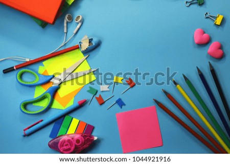 office workspace. Desktop. flat view from above. place for text. stationery. book. glasses. 