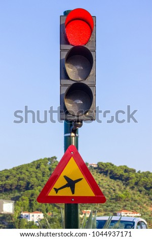Traffic light on the airport on Skiathos island, Greece