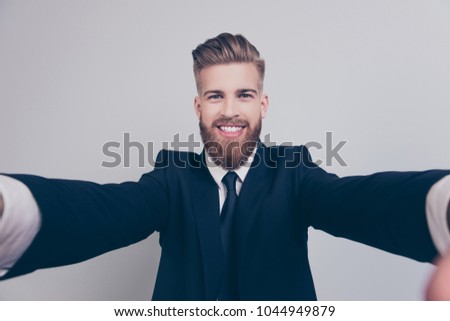Internet connection people leader happiness concept. First day at new place of working. Close up portrait of funky funny cheerful excited with stylish hairdo guy taking selfie isolated gray background