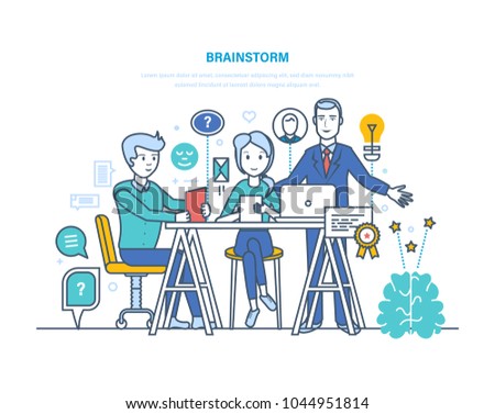 Brainstorm, brain training, creative thinking and business idea. Innovation, solution, teamwork, partnership, working with colleagues, success in business. Illustration thin line design.
