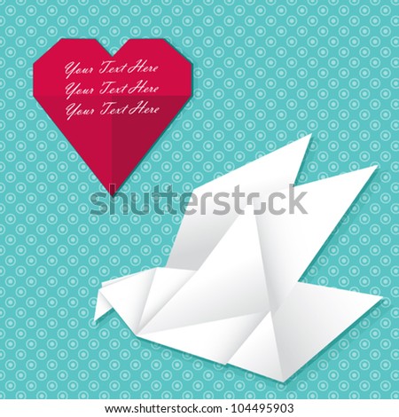 Vector origami bird with heart shape speech bubble on polka dots background. Japanese traditional design of animal