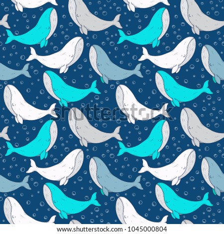Seamless pattern with sea animal - cute cartoon whale. Swimming smiling colorful whales and bubbles. Childish texture for fabric, textile. Underwater life