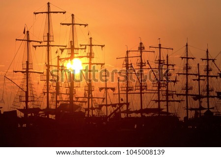 Ships silhouettes . Amazing sunrise in Antalya,Turkey