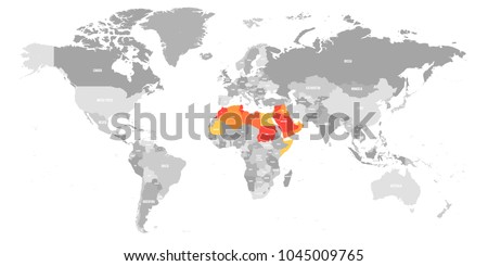 Arab World states political map with higlighted 22 arabic-speaking countries of the Arab League in the map of World. Northern Africa and Middle East region. Vector illustration. Royalty-Free Stock Photo #1045009765