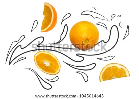 Fruit composition with fresh orange and cartoon cute doodle drawing juice or liquid splash on white background. Creative minimalistic food concept. Royalty-Free Stock Photo #1045014643